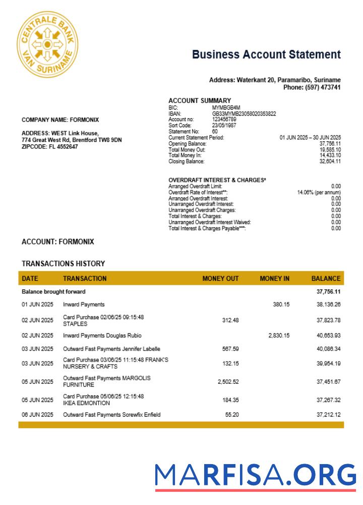 Realistic Suriname Centrale Bank Van Suriname business account statement Word and PDF template